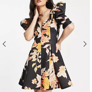 ASOS DESIGN - Black Mini Dress with Orange/Cream Flowers